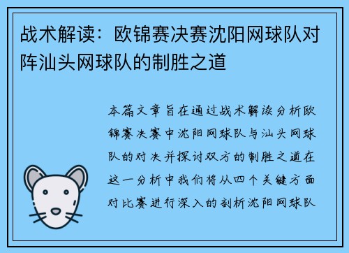 战术解读：欧锦赛决赛沈阳网球队对阵汕头网球队的制胜之道